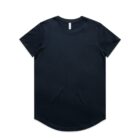 Black curved-hem T-shirt on a white background, displayed flat.