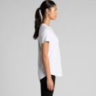 Person in white t-shirt and black pants, standing sideways with a ponytail against a gray background.
