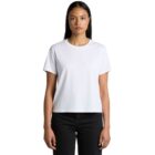 Woman wearing a plain white t-shirt and black pants, standing against a white background.