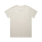 Plain beige short-sleeve t-shirt laid flat on a white background.