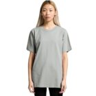 A person wearing a plain gray T-shirt stands facing forward against a white background.