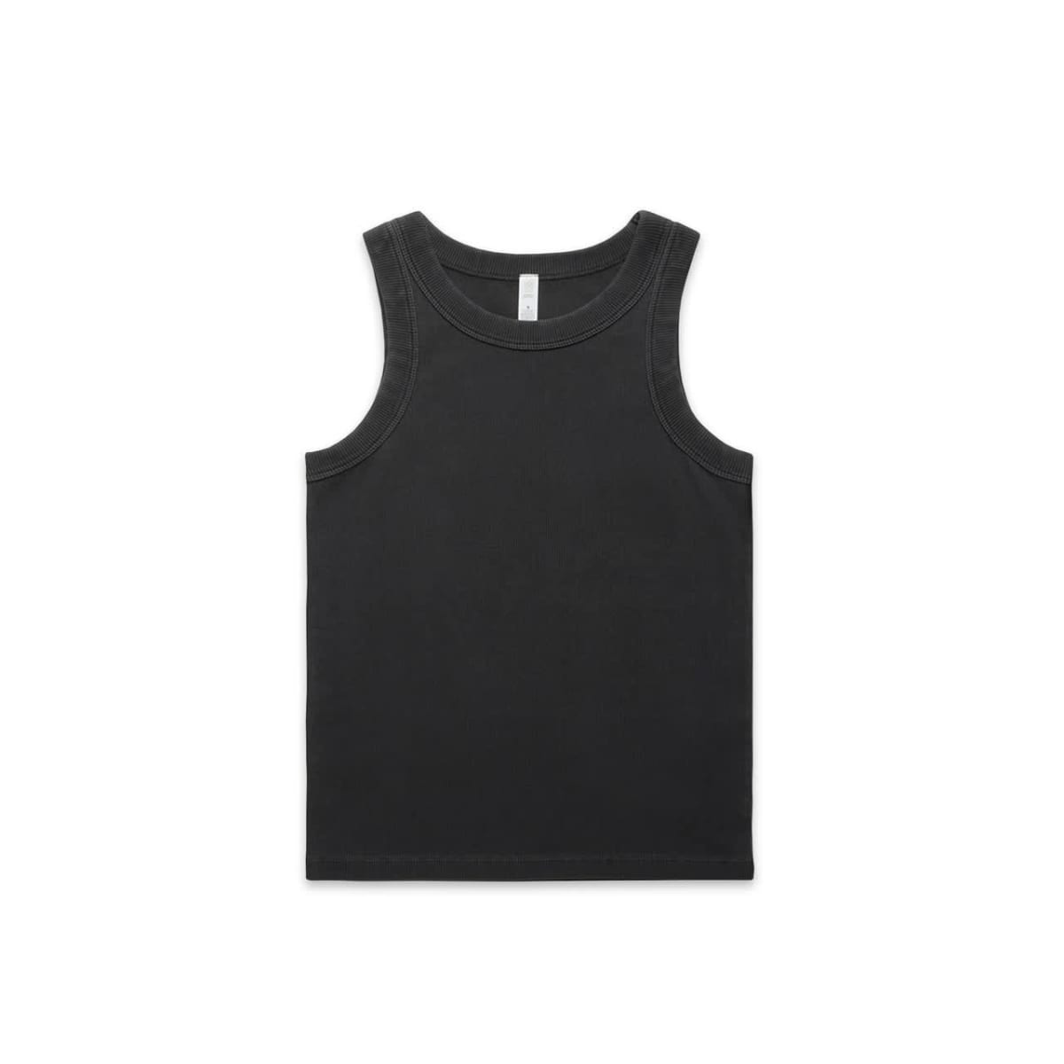 Black sleeveless tank top laid flat on a white background.