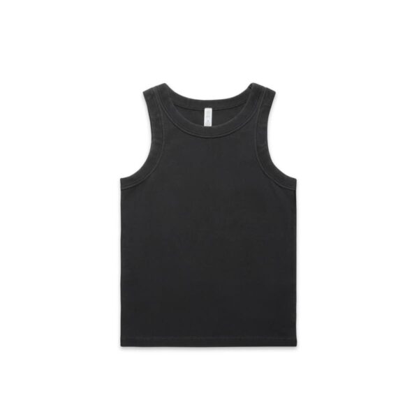 Black sleeveless tank top laid flat on a white background.