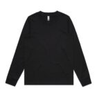 Black long-sleeve crew neck t-shirt laid flat on a white background.