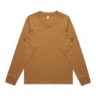 Brown long-sleeve crew neck t-shirt laid flat on a white background.