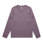 A plain long-sleeve, lavender-colored t-shirt laid flat on a white background.