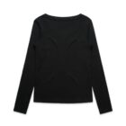 Black, long-sleeve, crew-neck shirt laid flat, viewed from the back against a white background.