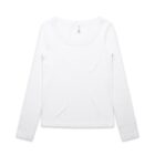 Plain white long-sleeve scoop neck shirt laid flat on a white background.