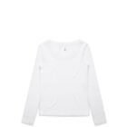 White long-sleeve scoop neck shirt on a plain white background.