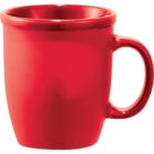 A plain, glossy red ceramic coffee mug with a handle on a white background.