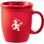 Red coffee mug with a white logo of a running person holding a steaming cup.