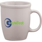 White mug with blue and green CentoBank logo printed on the side.