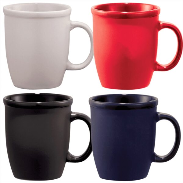 Four ceramic mugs in white, red, black, and blue, arranged in a 2x2 grid.