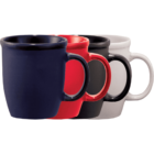 Four ceramic mugs in navy blue, red, black, and white, arranged in a row.