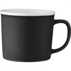Matte black ceramic mug with a white interior and a handle, shown on a white background.