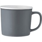 A plain gray ceramic mug with a handle, white on the inside.