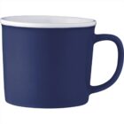 A blue ceramic mug with a handle, featuring a white interior.