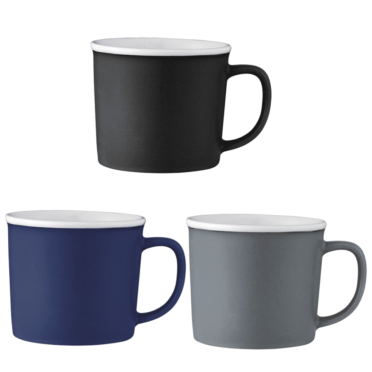 Three ceramic mugs in black, blue, and gray with white interiors on a white background.