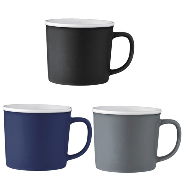 Three ceramic mugs in black, blue, and gray, each with a handle and white interior.