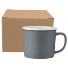 Gray ceramic mug with handle in front of a plain brown cardboard box.