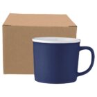 A blue coffee mug in front of a plain brown cardboard box.