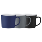 Three ceramic mugs in blue, gray, and black, arranged side by side.