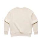 Back view of a plain, light beige crewneck sweatshirt with long sleeves.