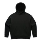Black hooded sweatshirt with a front pocket, laid flat on a white background.