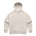 Plain beige hoodie with a front pocket, viewed from above on a white background.
