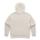 Back view of a plain, light beige hooded sweatshirt on a white background.