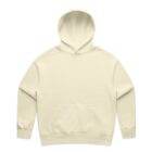 Plain light beige hoodie with a front pocket and hood, laid flat on a white background.