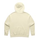 Back view of a plain, light beige hooded sweatshirt with long sleeves.