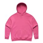 A plain pink hoodie with a front pocket and hood, laid flat on a white background.