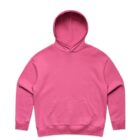 Pink hooded sweatshirt with front pocket, laid flat on a white background.