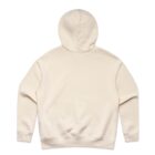 Back view of a plain, cream-colored hooded sweatshirt on a white background.