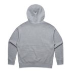 Back view of a plain gray hooded sweatshirt with long sleeves.