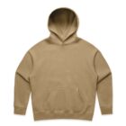 Tan hooded sweatshirt with front pocket, laid flat on a white background.