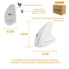 Ergonomic wireless vertical mouse with dimensions and compatibility details displayed.