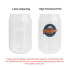 Two glass tumblers: one with APIO engraved, one with a colorful Pitcher decal print.