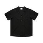 Black short-sleeve button-up shirt with a collar on a white background.