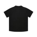 Black short-sleeve button-up shirt viewed from the back.