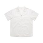 White short-sleeve button-up shirt with a collar, laid flat on a white background.