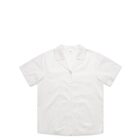 Short-sleeve white button-up shirt with a collar, laid flat against a white background.