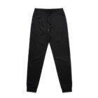 Black joggers with drawstring, elastic waistband, and cuffed ankles on a white background.