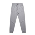 Gray sweatpants with a drawstring waistband and cuffed ankles, laid flat.