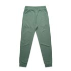 Green sweatpants with an elastic waistband and cuffs, laid flat on a white background.