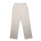 Beige sweatpants with elastic waistband and side pockets, laid flat.