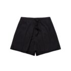 Black drawstring shorts with side pockets and loose fit, laid flat on a white background.