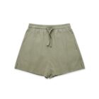 Olive green shorts with an elastic waistband and drawstring, laid flat on a white background.