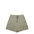 Beige shorts with drawstring and side pockets on a white background.